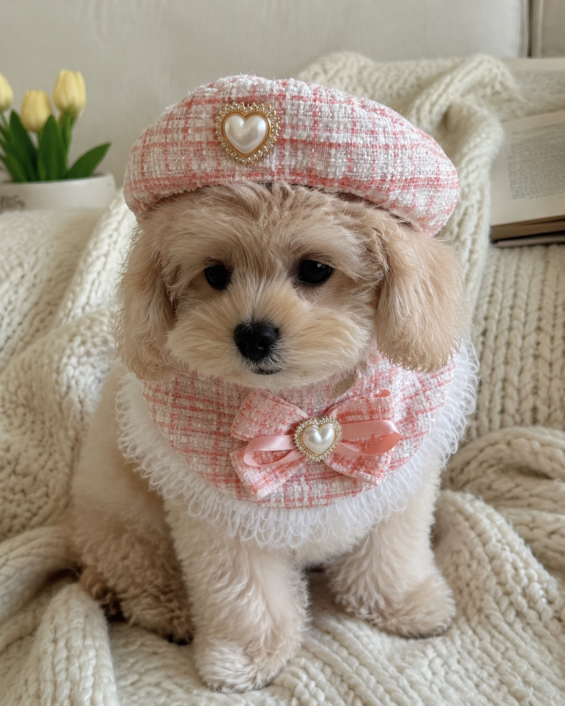 Charming Pink Tweed Bib & Heart Hat Set
