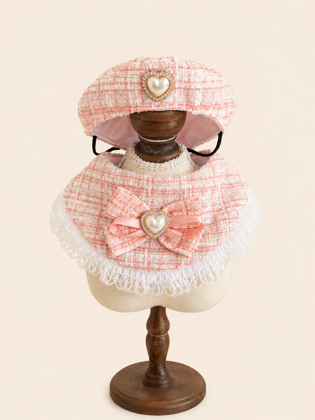 Charming Pink Tweed Bib & Heart Hat Set