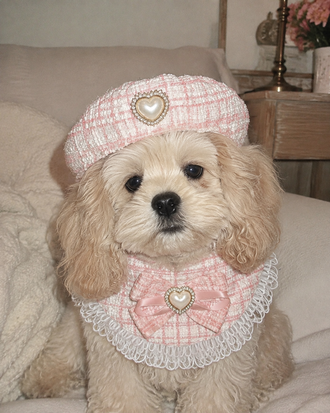 Charming Pink Tweed Bib & Heart Hat Set